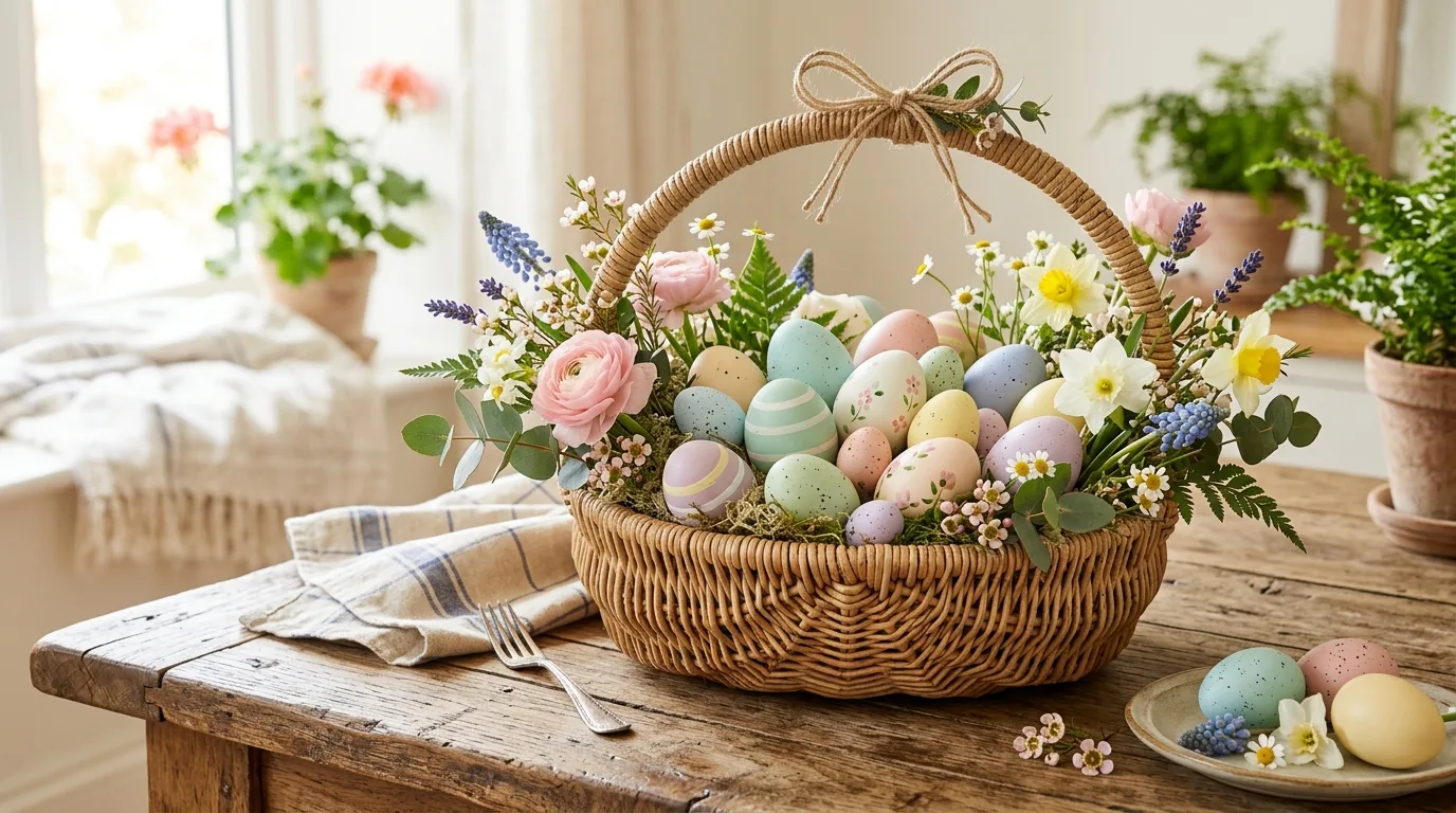 Basket filled with Easter eggs and flowers